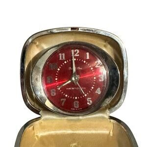 Vintage Westclox Red Wind-Up Clamshell Traveling Round World Dials Alarm Clock